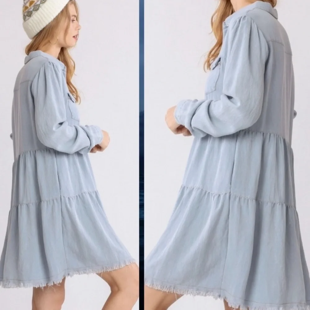 Umgee Short Denim Stonewash Dress Tiered Long Sleeve size Small - Picture 2 of 11
